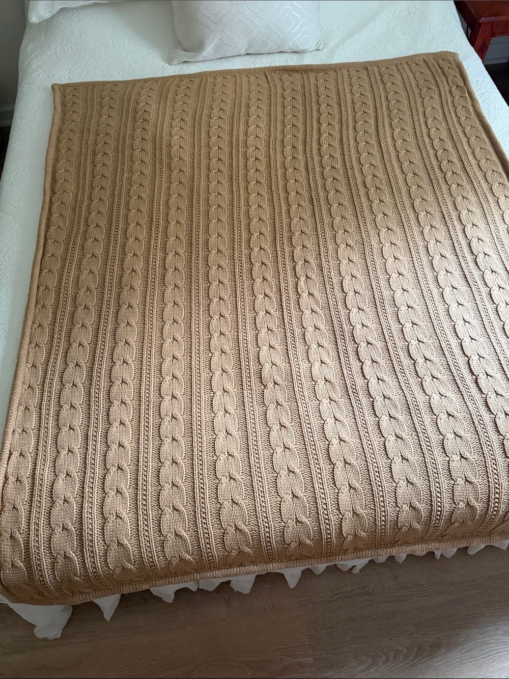 Pottery Barn Cable Knit Camel Throw Blanket with Ivory Sherpa under